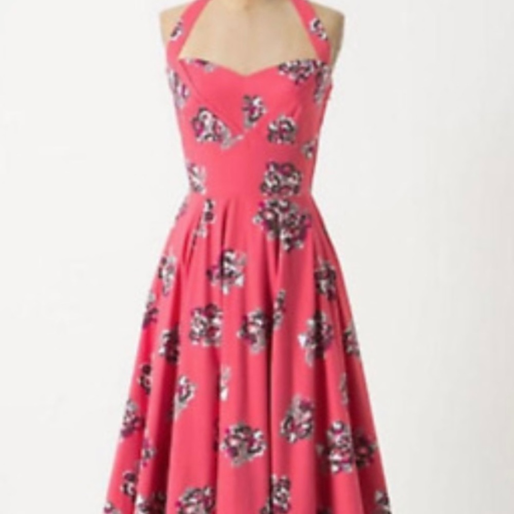 Anthropologie Girls From Savoy Akebono Pinup Halter Dress in Hot Pink Size 2